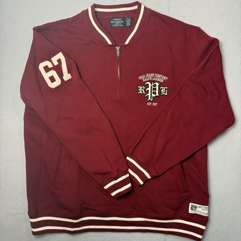 VTG Polo Jeans Co Ralph Lauren Quarter Zip Varsity Jacket L Red 67 Letterman 90s